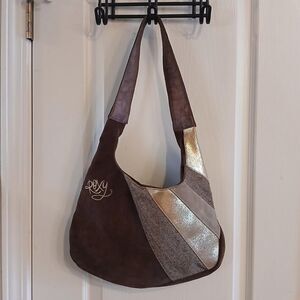 Y2K VTG Roxy patchwork hobo purse brown/tan suede herringbone metallic gold
